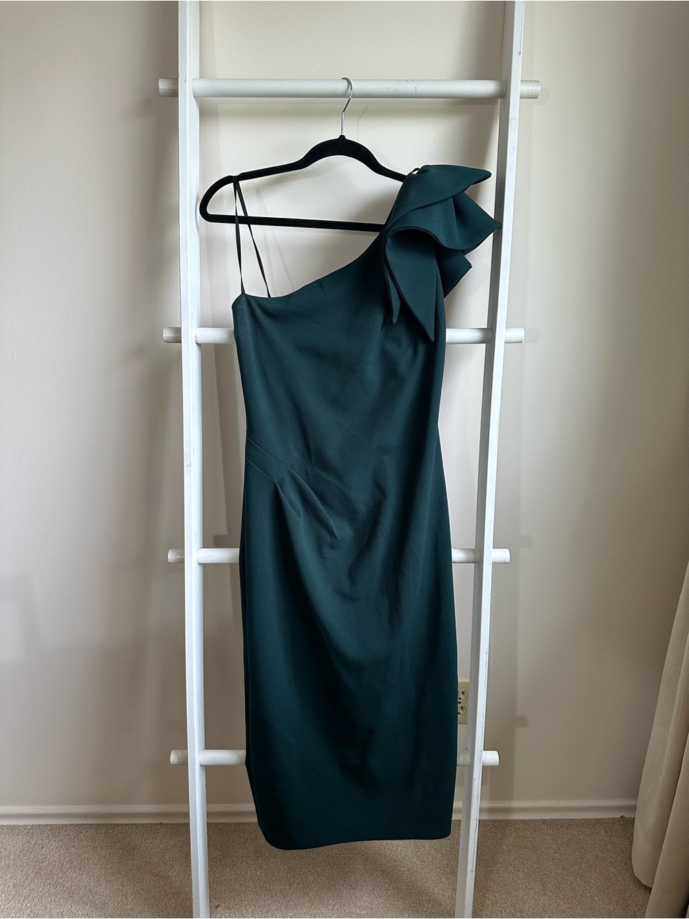 Betsy & Adam One-Shoulder Dark Teal Cocktail Dress with Shoulder Bow